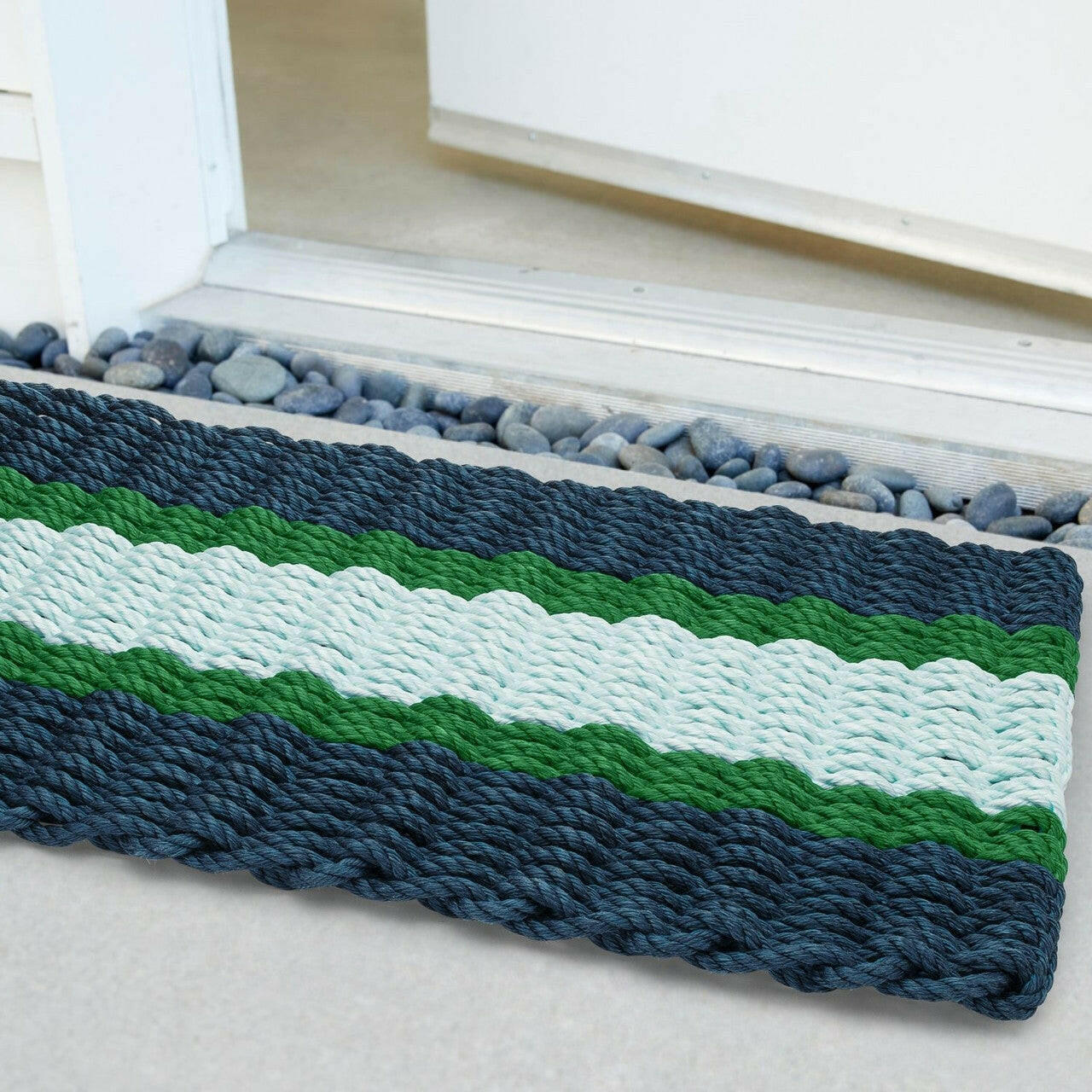 Lobster Rope Doormats, Outdoor Door Mats, Wicked Good Door Mats Made in Maine, Navy, Green, Seafoam, Angled View in Front Door