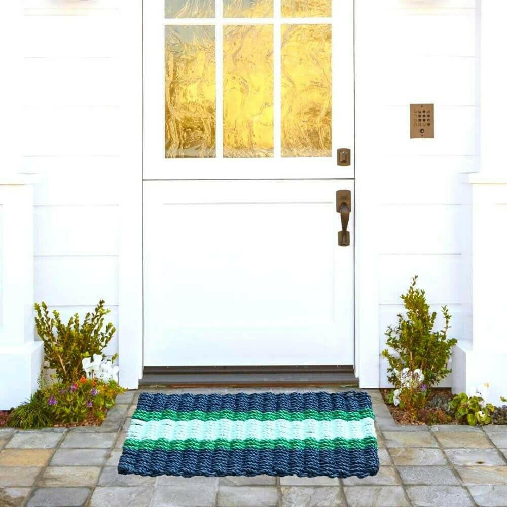 Lobster Rope Doormats, Outdoor Door Mats, Wicked Good Door Mats Made in Maine, Navy, Green, Seafoam, At Front Door with Mums