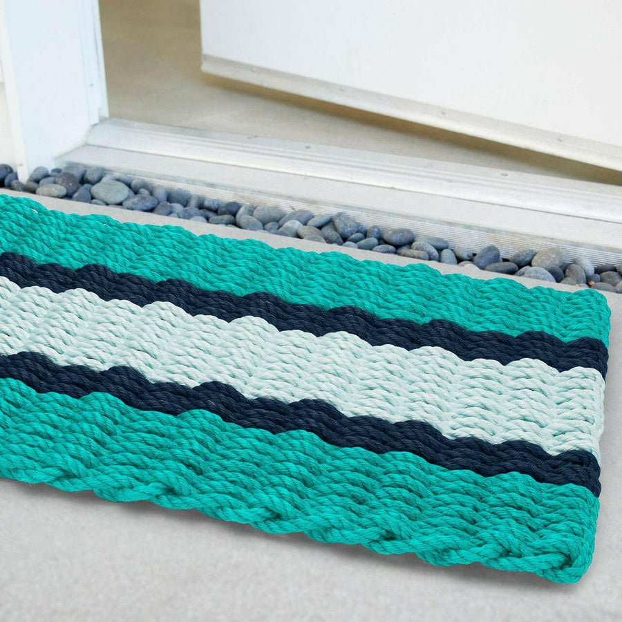 Lobster Rope Doormats, Outdoor Door Mats, Wicked Good Door Mats Made in Maine, Teal, Navy, Seafoam, Angled View in the Front Door
