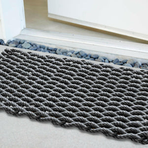 Lobster Rope Doormats, Outdoor Door Mats, Wicked Good Door Mats Made in Maine, Silver & Black Double Weave, Close Up View in Front Door