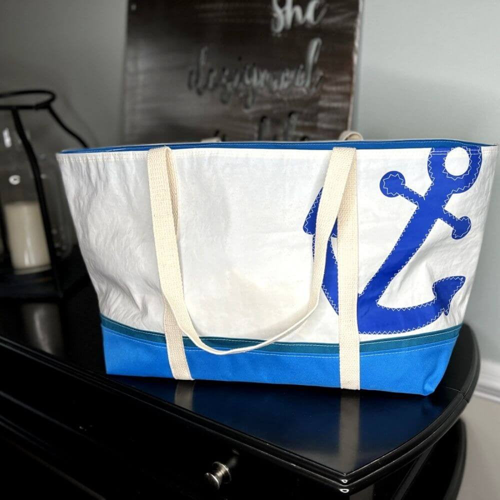 Recycled Sail Bag, Blue Anchor Tote Handbags New England Trading Co   