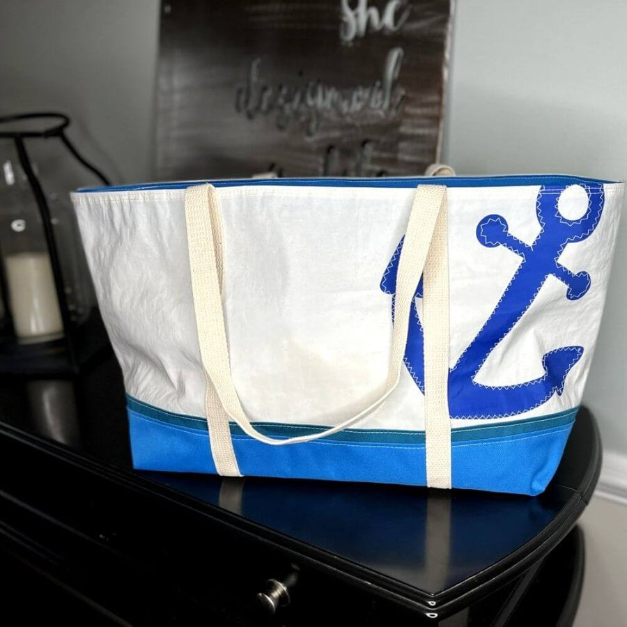 Recycled Sail Bag, Sailcloth Tote Bag with Navy Anchor Print – New