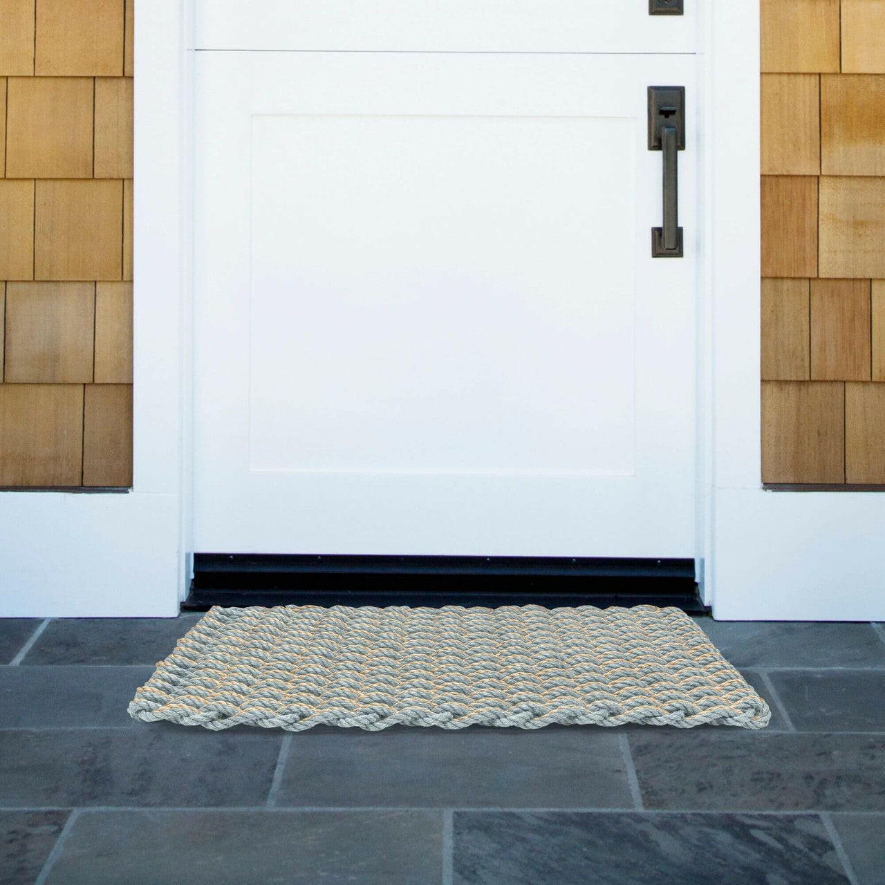 Lobster Rope Doormats, Outdoor Door Mats, Wicked Good Door Mats Made in Maine, Silver & Dark Tan Double Weave, Front Door View