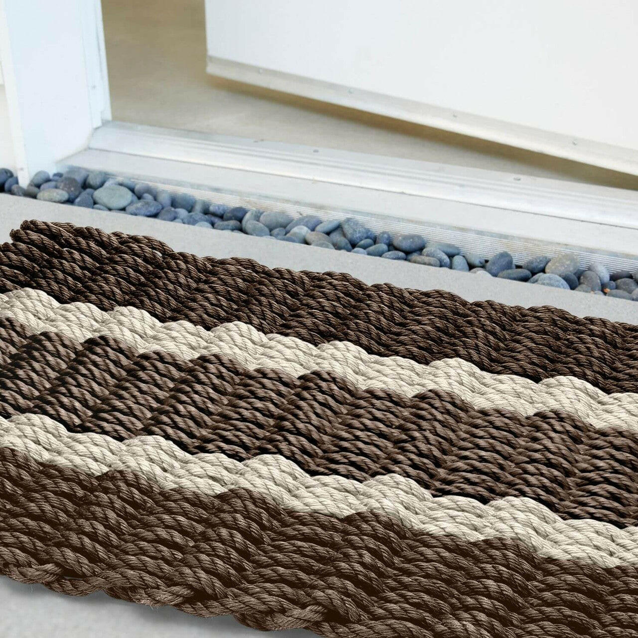 Lobster Rope Doormats, Outdoor Door Mats, Wicked Good Door Mats Made in Maine, Brown with 2 Light Tan Stripes, Close Up View in Front Door