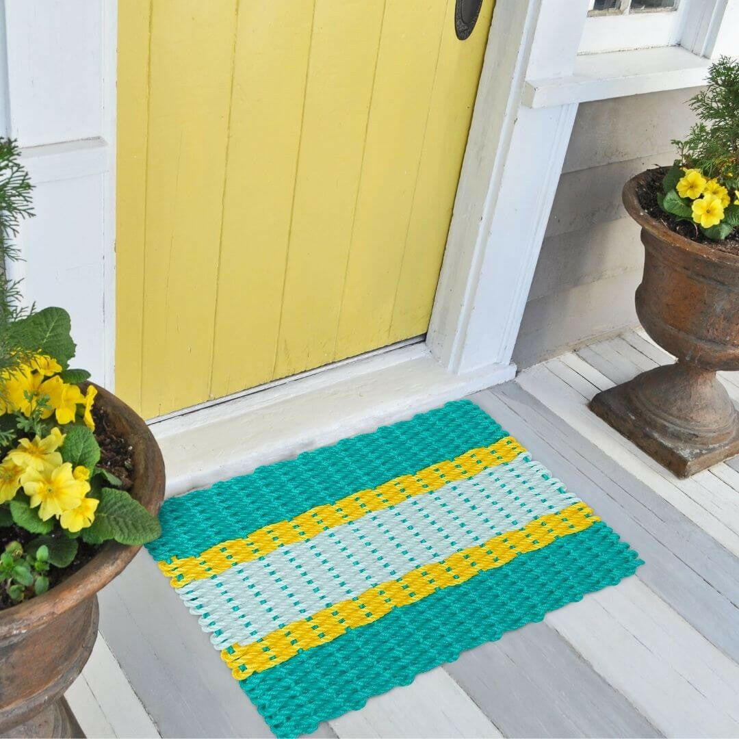 Lobster Rope Doormats, Outdoor Door Mats, Wicked Good Door Mats Made in Maine, Teal, Yellow, Seafoam, Front Door with mums