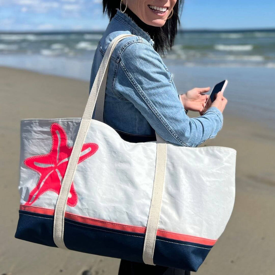 Recycled Sail Bag, Sailcloth Tote, Blue and Red