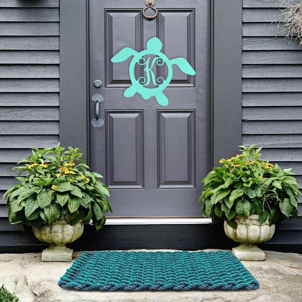 Lobster Rope Doormats, Outdoor Door Mats, Wicked Good Door Mats Made in Maine, Navy & Teal Double Weave, with Monogrammed Front Door Sign
