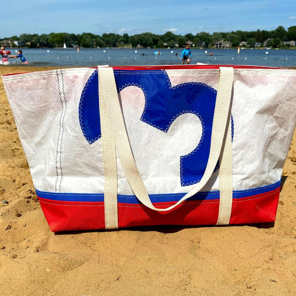 Recycled Sail Bag, Tote Bag Handmade from Sails, Blue & Red Handbags New England Trading Co   