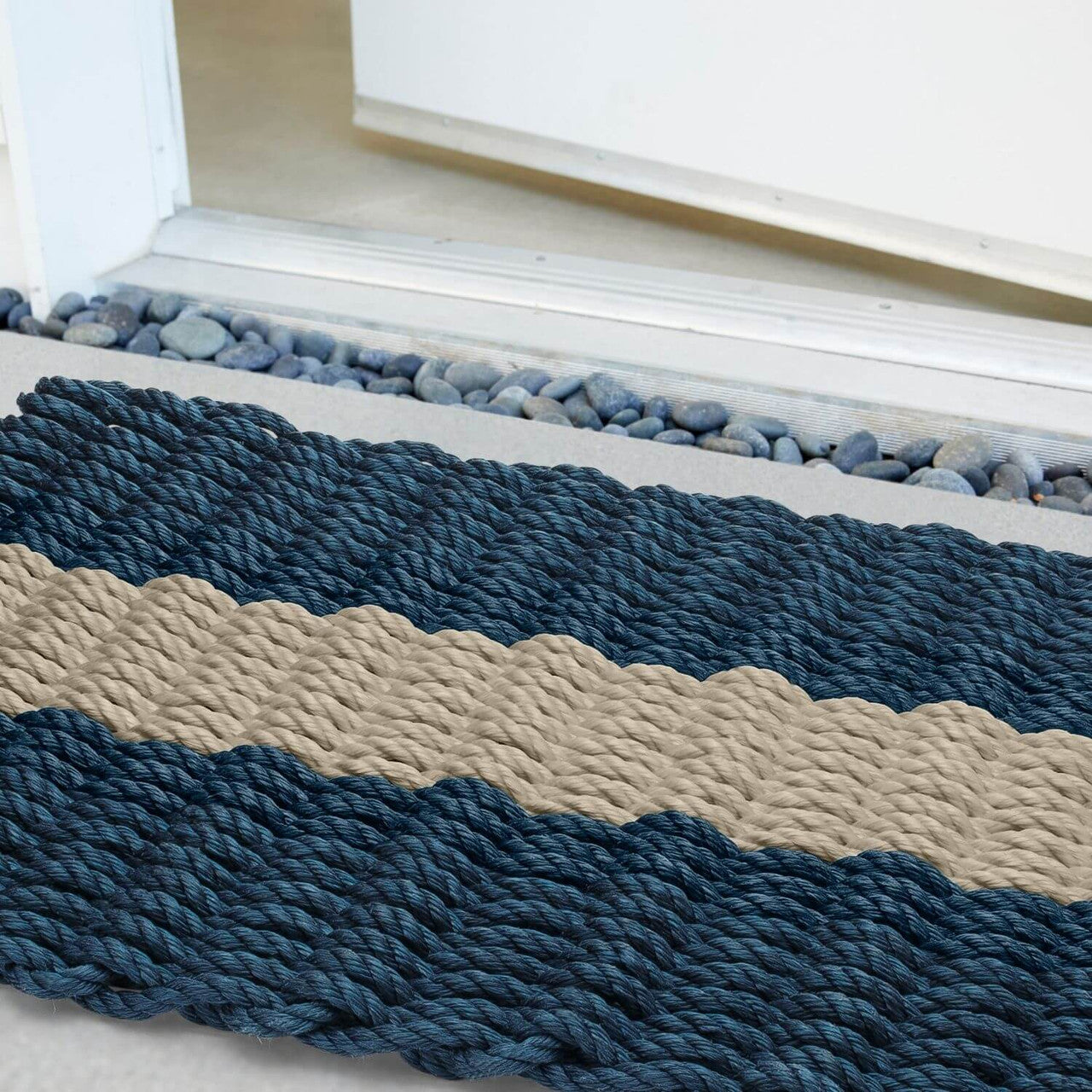 Wicked Good Nautical Rope Doormat, Navy with Dark Tan Stripe Door Mats Wicked Good Doormat   