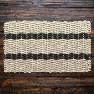 Lobster Rope Doormats, Outdoor Door Mats, Wicked Good Door Mats Made in Maine, Dark Tan with 2 Black Stripes, Full View