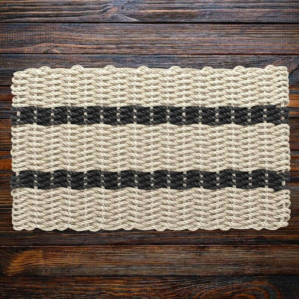 Lobster Rope Doormats, Outdoor Door Mats, Wicked Good Door Mats Made in Maine, Dark Tan with 2 Black Stripes, Full View