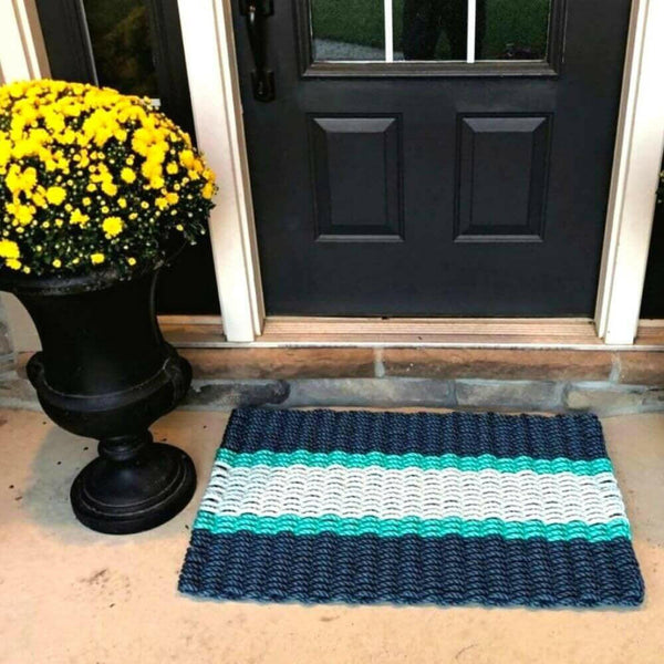 Lobster Rope Doormats, Outdoor Door Mats, Wicked Good Door Mats Made in Maine, Navy, Teal, Seafoam, Aerial View at the Front Door with Mums