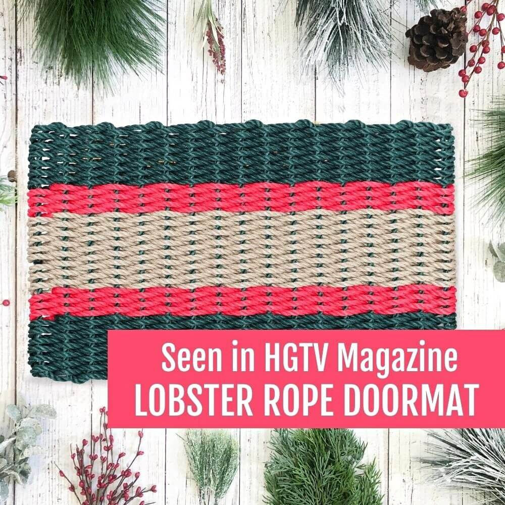 Lobster Rope Doormats, Outdoor Door Mats, Wicked Good Door Mats Made in Maine, Christmas Green & Red, With Mums and Different Kinds of Plants, Seen in HGTV Magazine