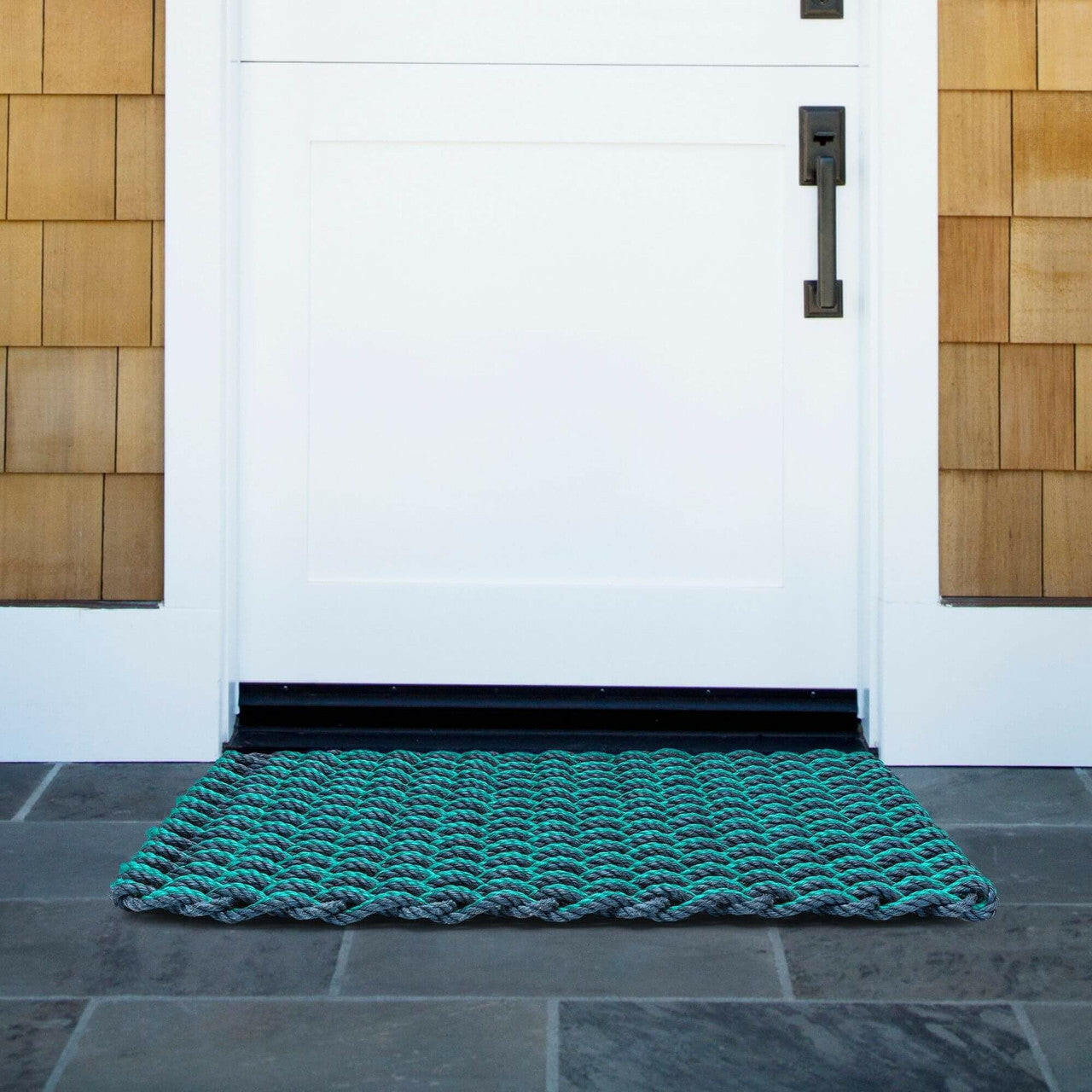 Lobster Rope Doormats, Outdoor Door Mats, Wicked Good Door Mats Made in Maine, Navy & Teal Double Weave, Front Door View, Front Entrance