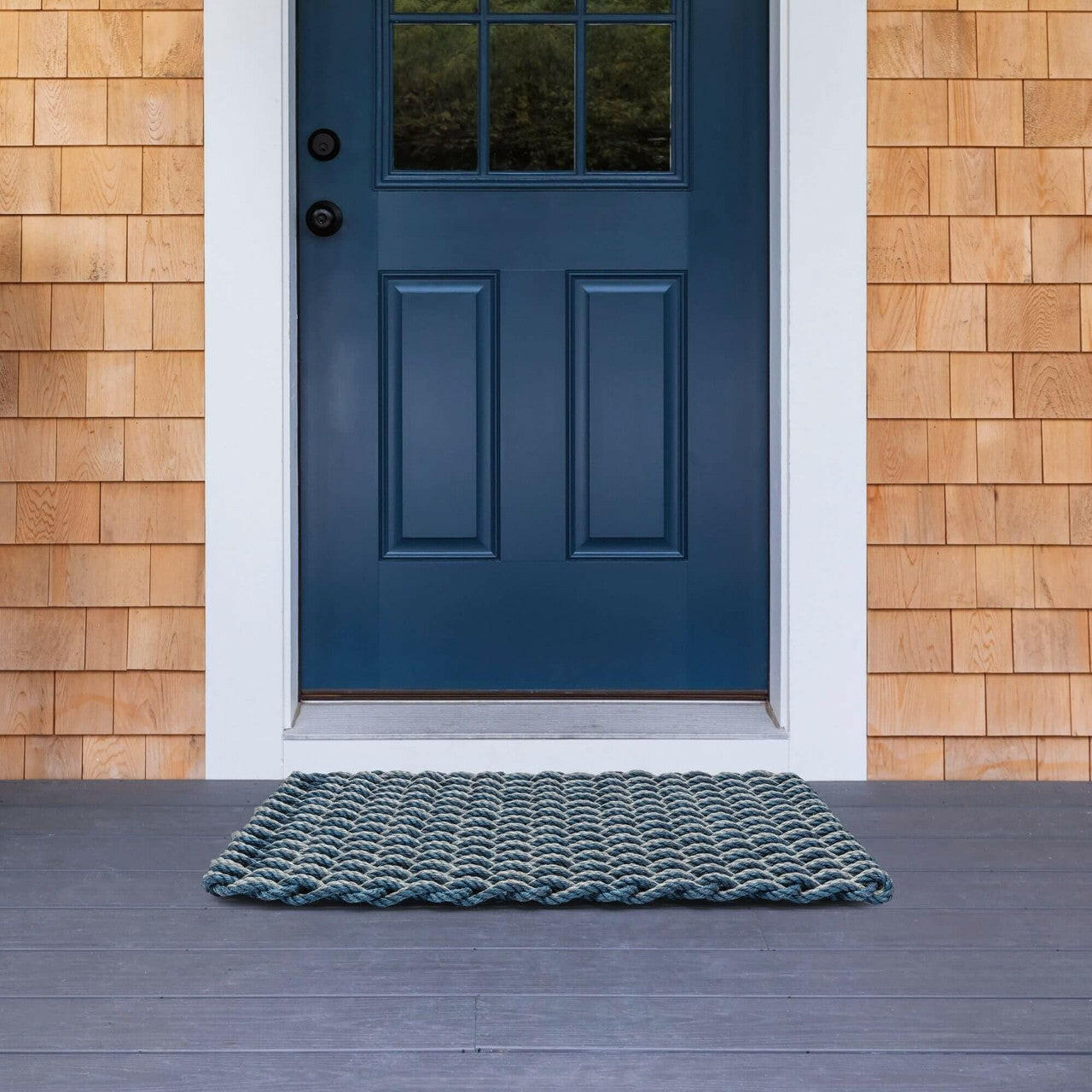 Lobster Rope Doormats, Outdoor Door Mats, Wicked Good Door Mats Made in Maine, Navy & Silver Double Weave, Front Door Entrance, Full View