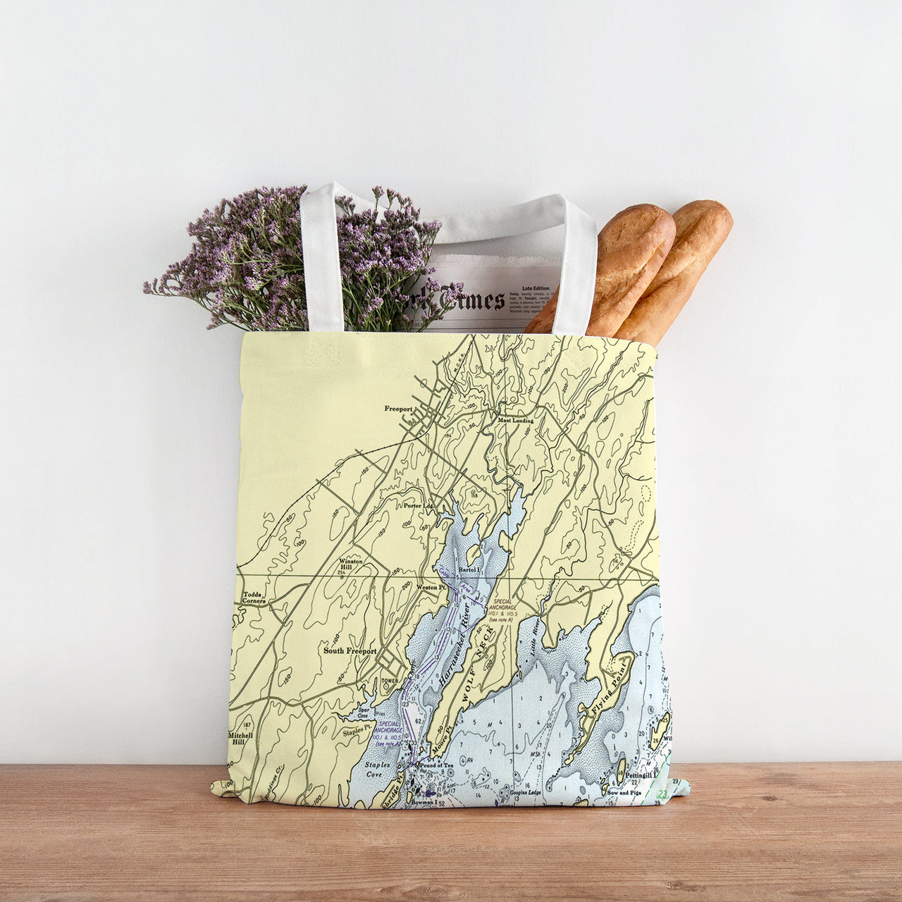 Nautical Chart Tote Bag, Locations in Maine