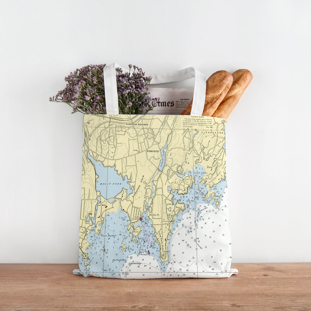 Nautical Chart Tote Bag, Locations in Connecticut