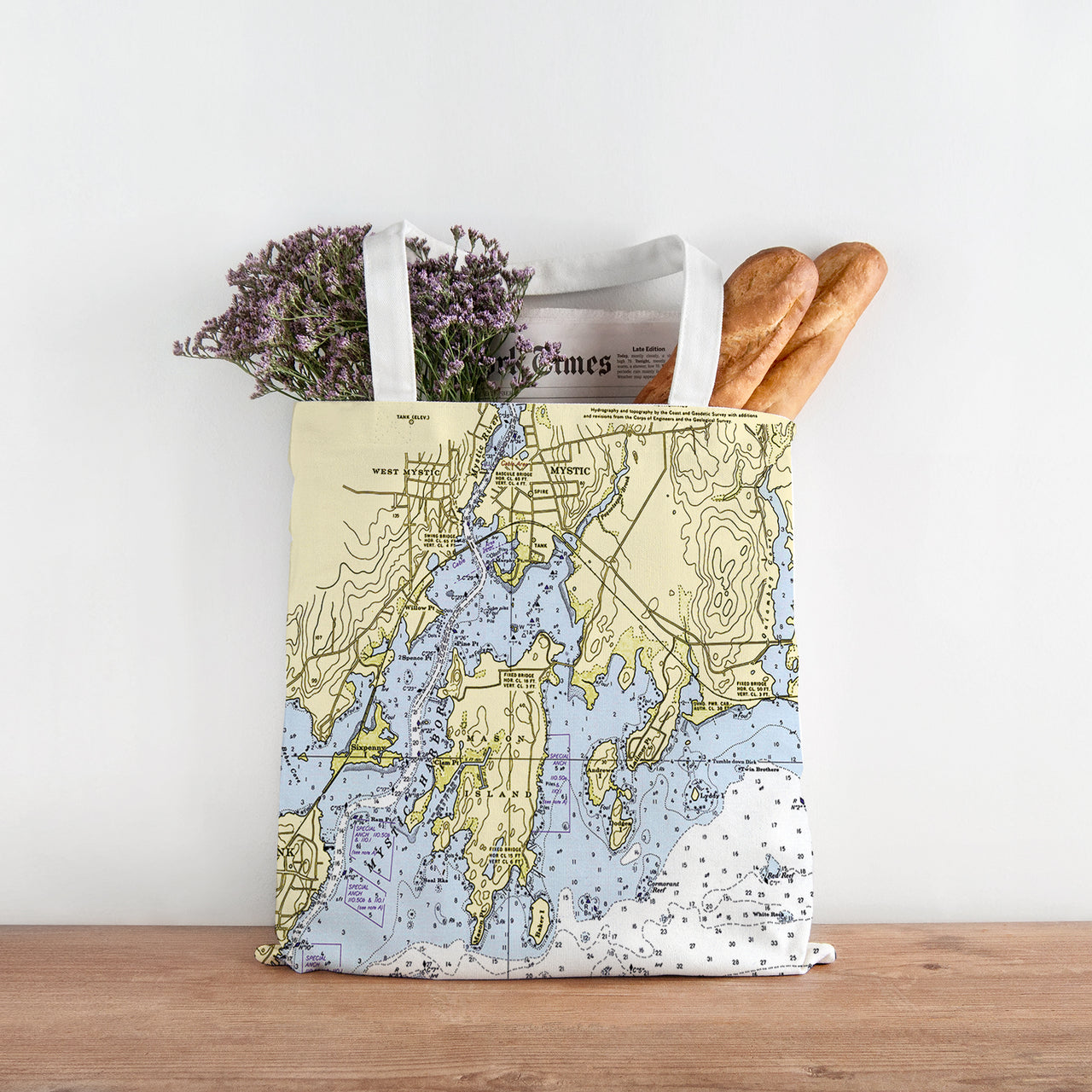 Nautical Chart Tote Bag, Locations in Connecticut